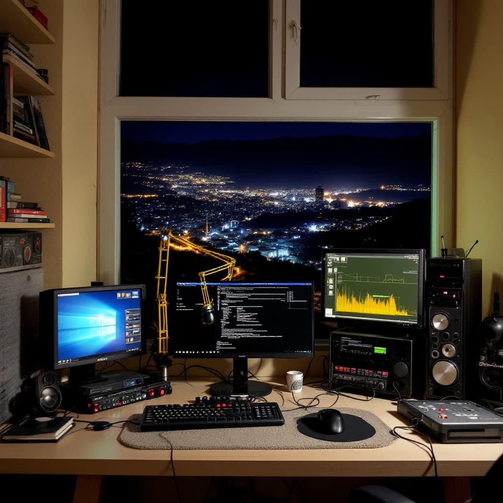AI generated: A 2000's PC setup in a room. In the window you can see The City San felipe, estado Yaracuy  at night...