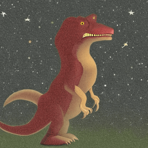 AI generated: photo of a sad t-rex looking at the stars