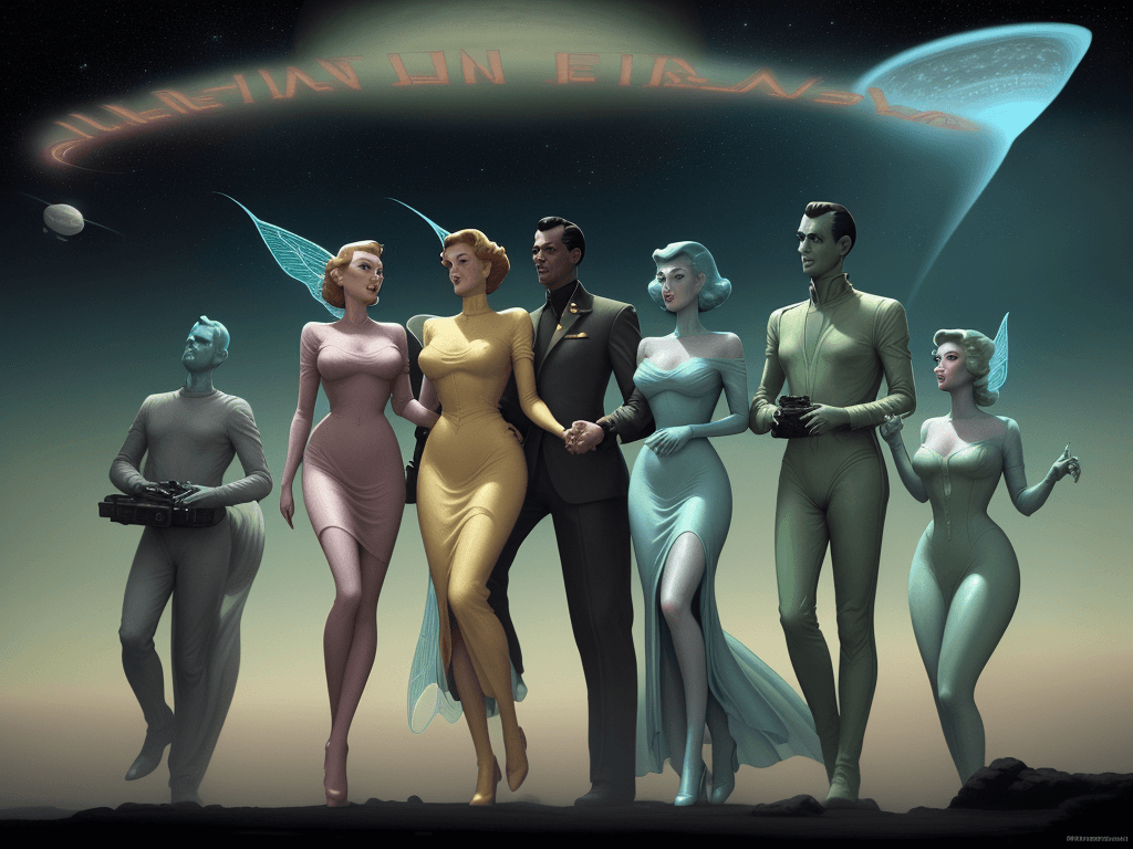 AI generated: A vintage movie poster depicting an alien invasion, with the aliens carrying beautiful women to thei...