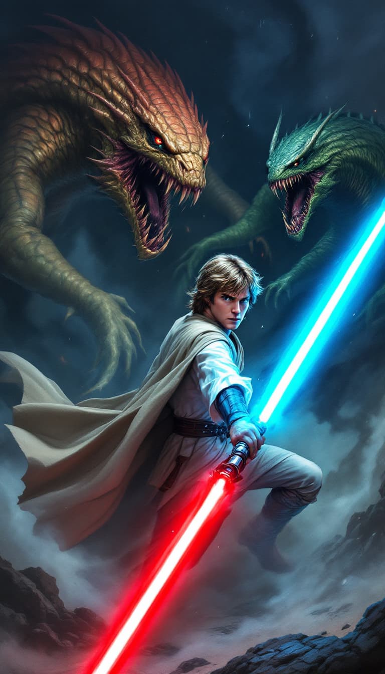 AI generated: Luke Skywalker, fighting 3 monsters
with 2 lightsabers, 1 blue and 1 red. 