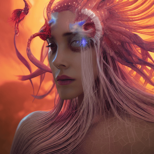 AI generated: Goddess close-up portrait ribcagel. jellyfish phoenix head, nautilus, orchid, skull, betta fish, bio...