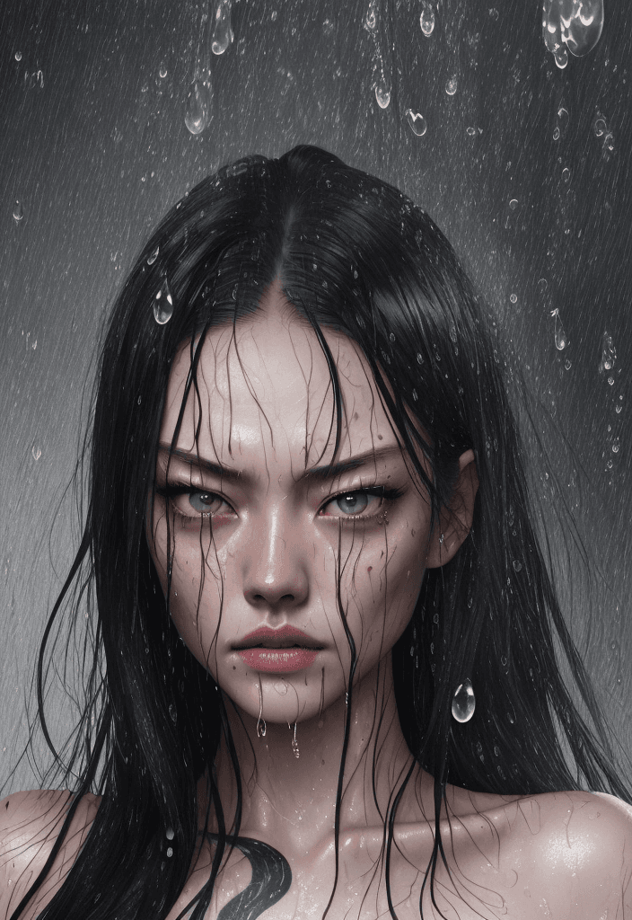 AI generated: mix face: liu wen, amanda seyfried, amber heard; dressed, with water drops on her face, a black tatt...