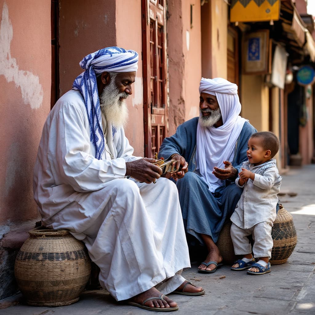 AI generated: a morrocan old man white fassi with traditional Fes cloths like jellaba play with his friend  black ...