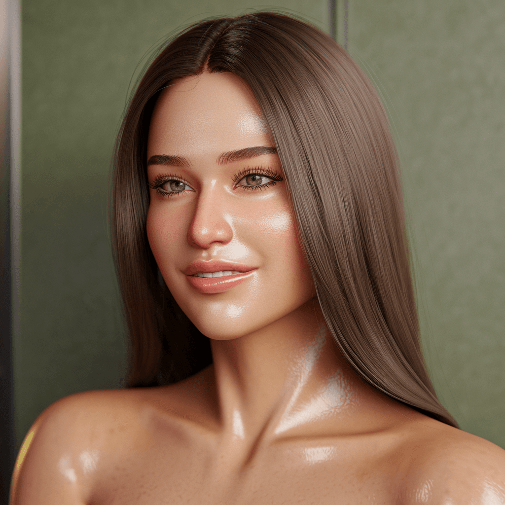 AI generated: A beautiful woman with long, straight brown hair, smiling warmly at the camera. Green background for...