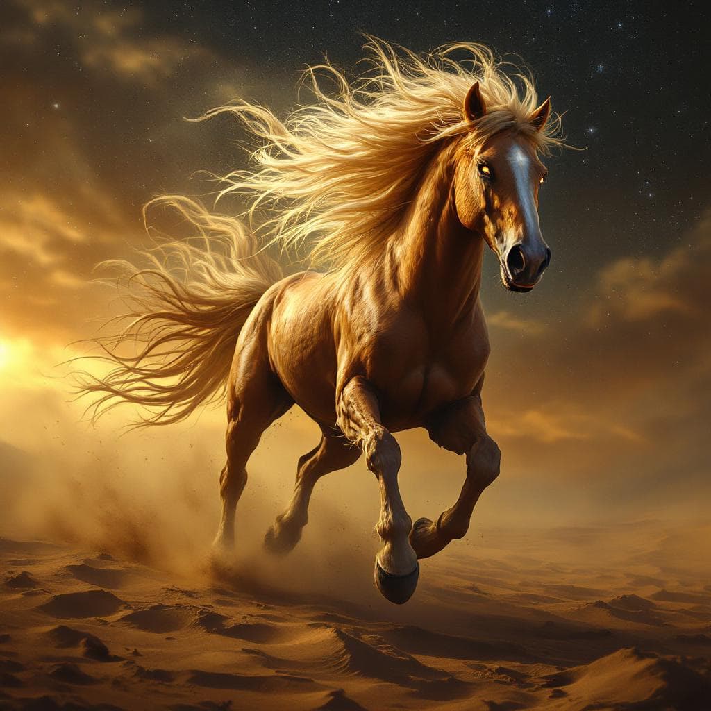 AI generated: 
A wild stallion beast, mane flowing like wind, glowing eyes, galloping across desert sands under a...