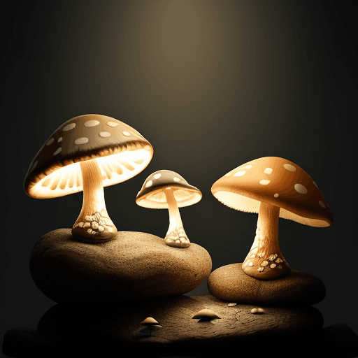 AI generated: 5 mushrooms grow on a rock in the shape of a lamp
