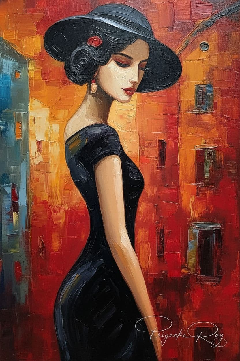 AI generated: Elegant impasto oil painting in high relief, portraying a refined woman in a sleek black dress and w...