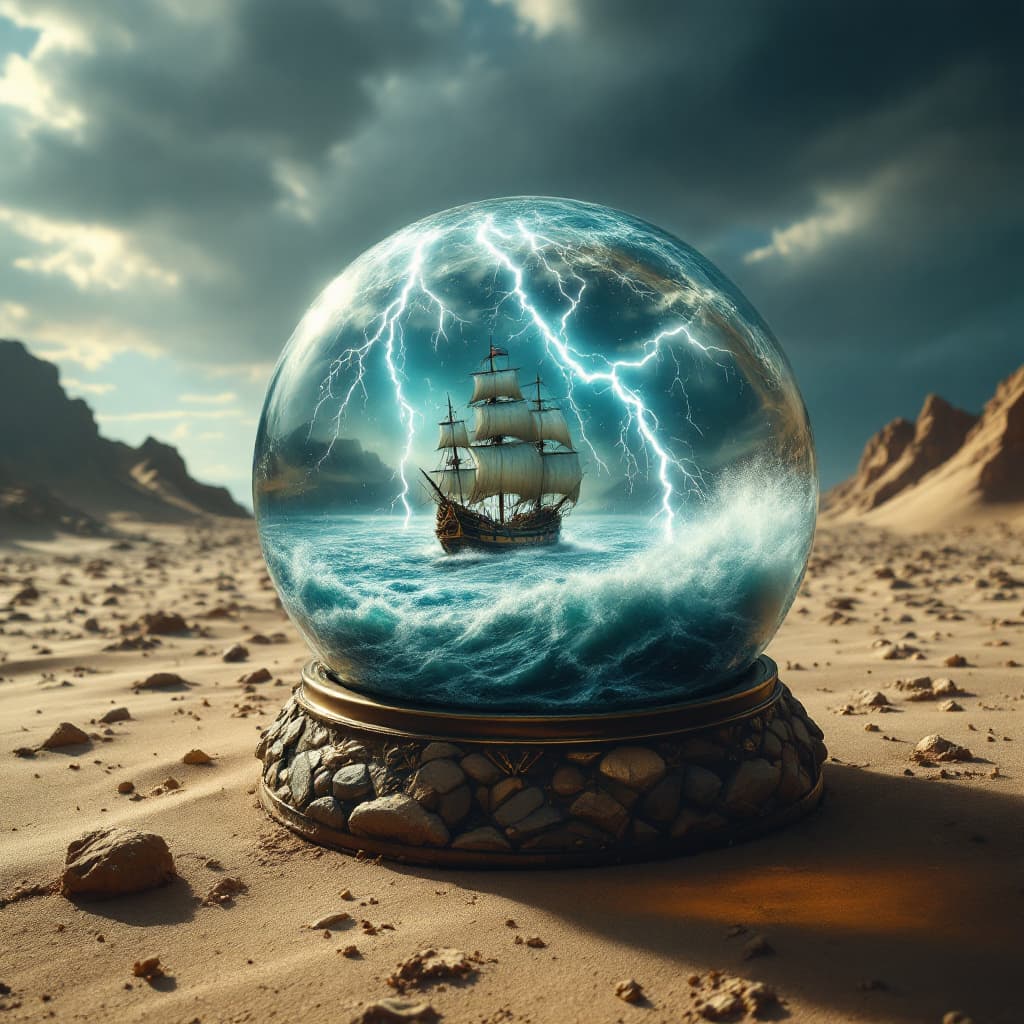 AI generated: snow globe (shaped like a cube) , on the desert floor, there is a monstrous storm inside with a gall...