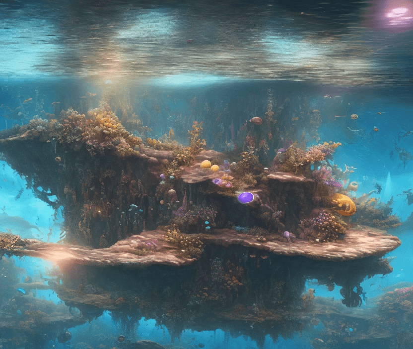 AI generated: High resolution photography, dreamy; POV, underwater, 3d game, realistic graphics, underwater explor...