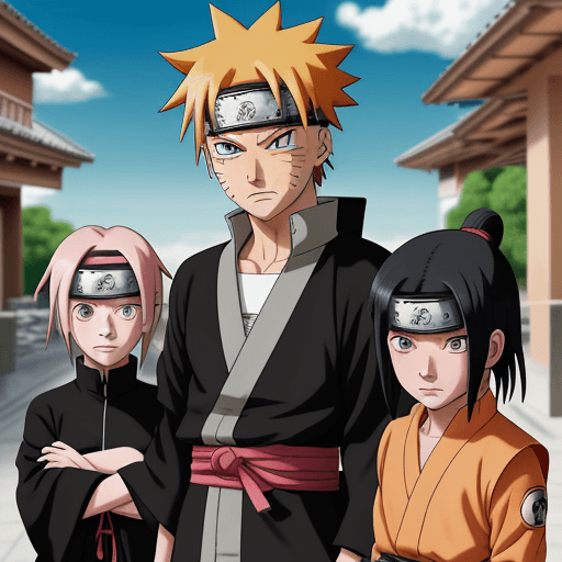 AI generated: Naruto anime. Sakura, Itachi y boruto huyen de akatshuki a través de la villa oculta de la arena. se...