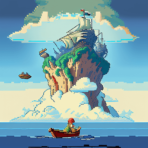 AI generated: 
16 bit pixel art, epic composition of a explorer in a boat reaching an island in the clouds, by stu...