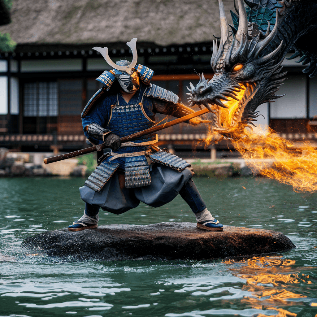 AI generated: japanese samurai battle a dragon, samourai mask, armored, 