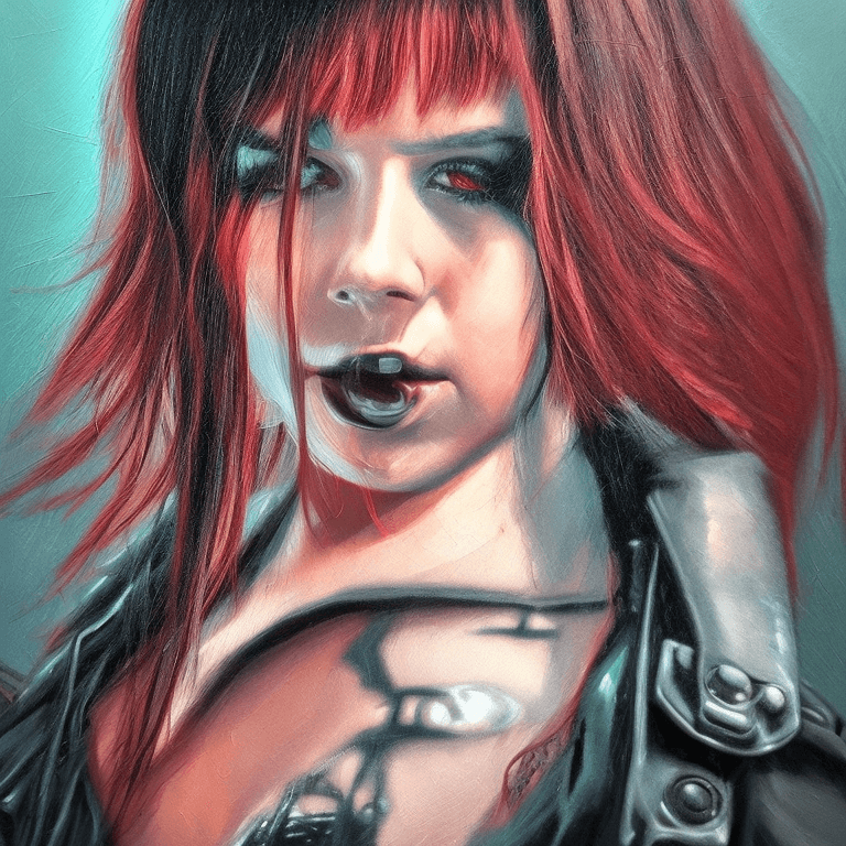 AI generated: Cyberpunk bad girl troublemaker, antihero, rebel,  punk rocker, heart breaker girl  realistic oil pa...