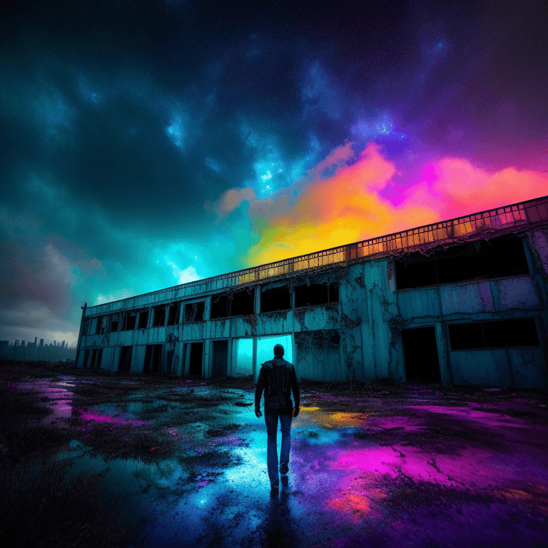 AI generated: {{photorealistic}}, abandoned world, 1 huge monster at sky, dilapidated buildings, dark sky, 1 man w...