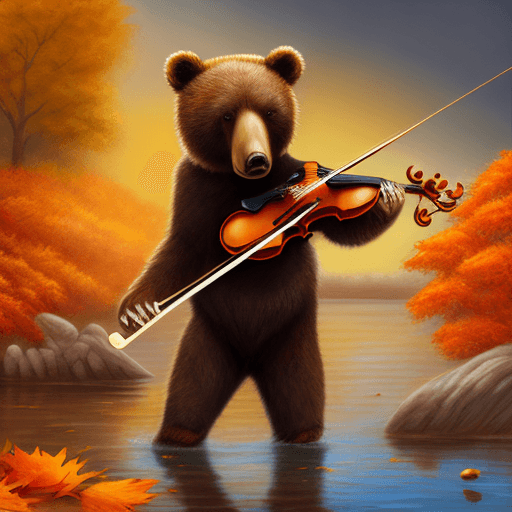 AI generated: A Bear playing violin, in the style of Autumn leaves, gold and brown, majestic, sweeping seascapes, ...