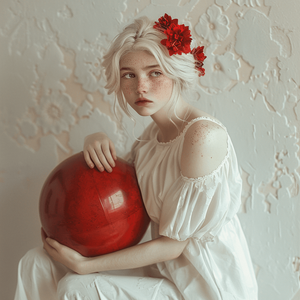 AI generated: girl with white hair, red flowers in her hair, with freckles on her face, in a white airy dress, bar...