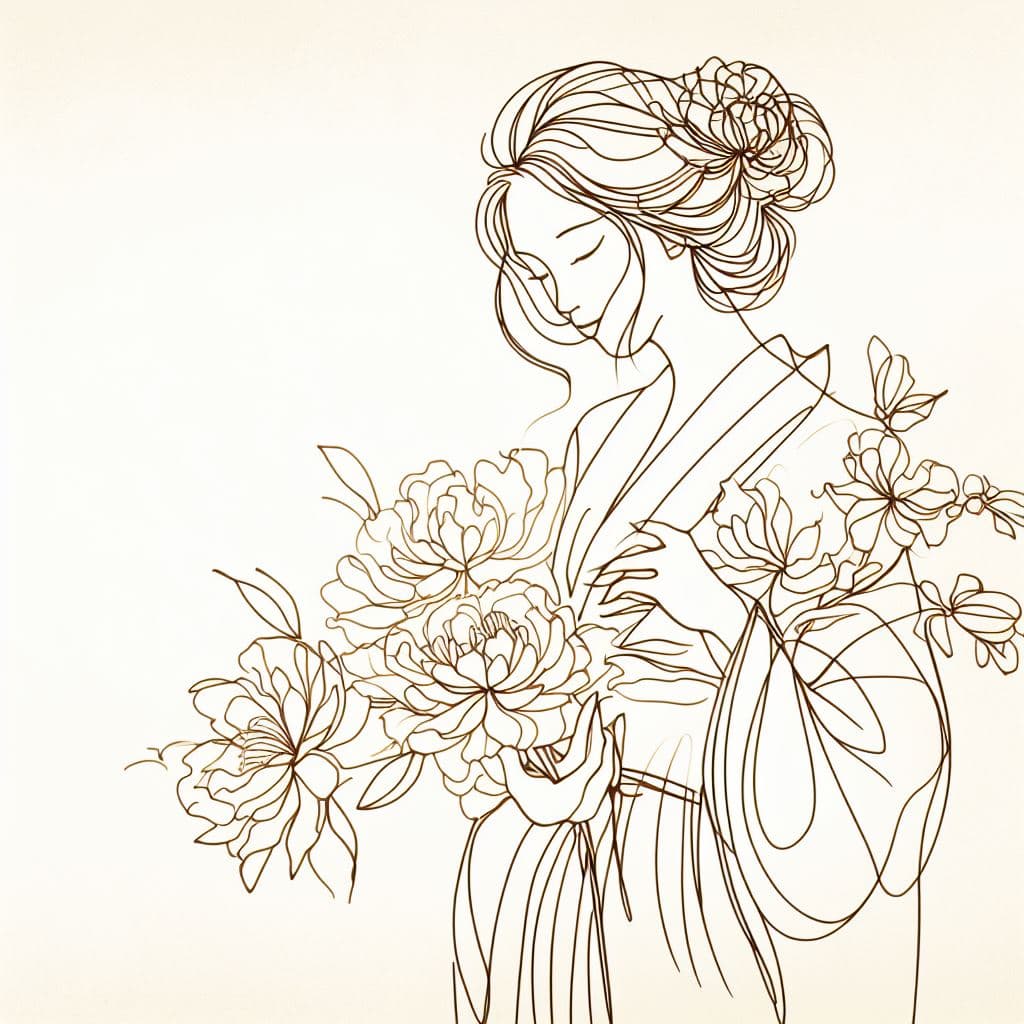 AI generated: an image showing a woman holding flowers, in the style of soft lines and shapes, inspirational, hand...