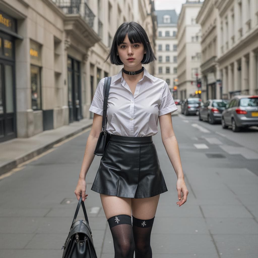 AI generated: a hot girl walking down the street , wearing a short skirt , and shirt with underboss stockings and ...
