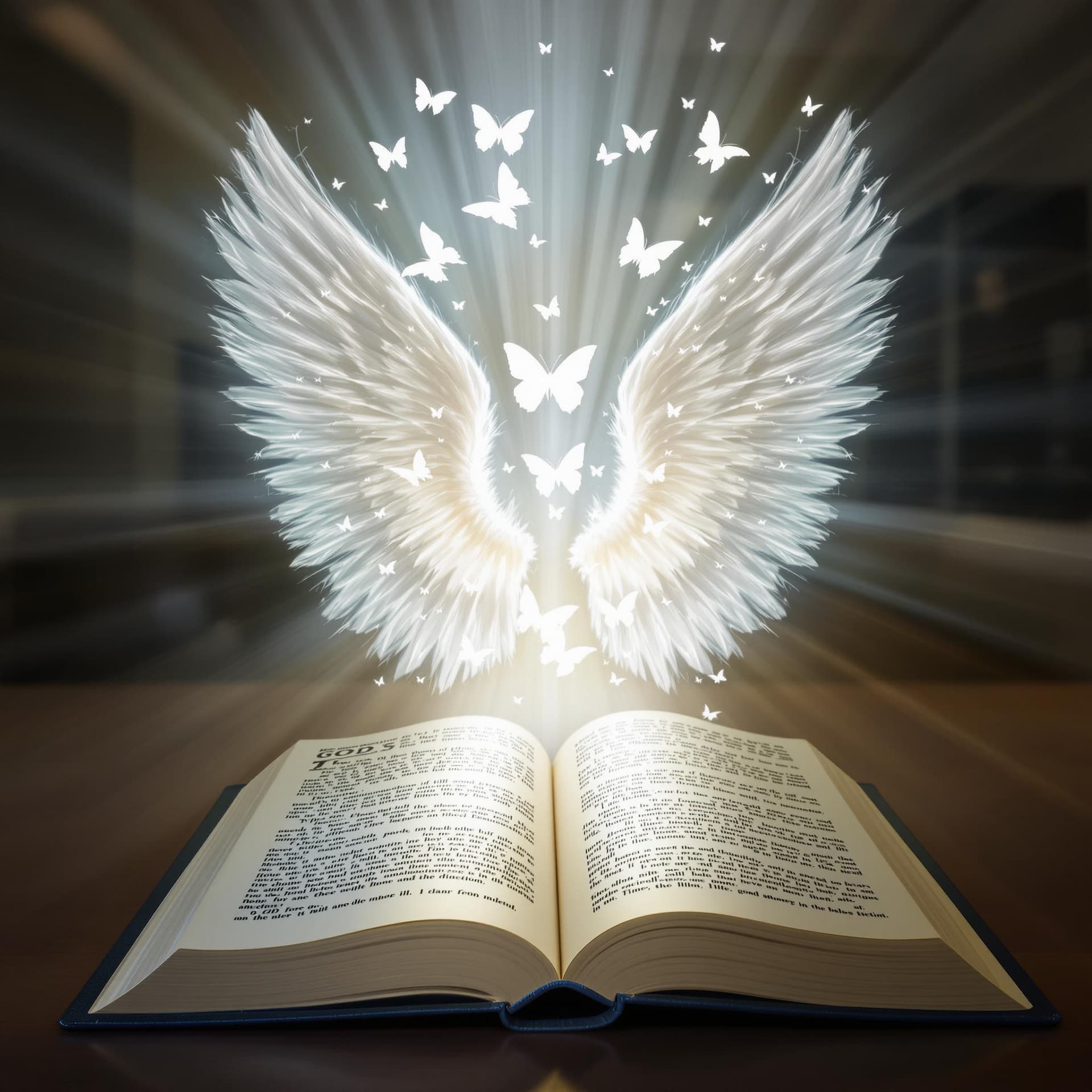 AI generated: a book with angle wings with god rays white butterflies in background, sat on a table in a room