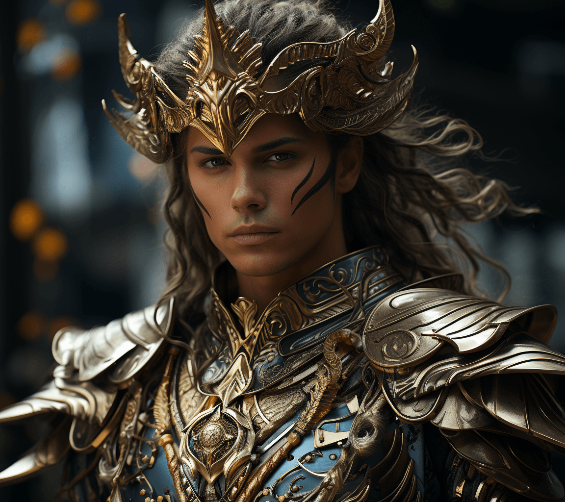 AI generated: a warrior wears a golden azure costume holding swords, in the style of rendered in unreal engine, in...