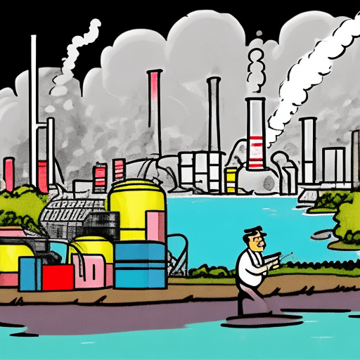 AI generated: man in foreground next to factory polluting river with chemicals in cartoon style