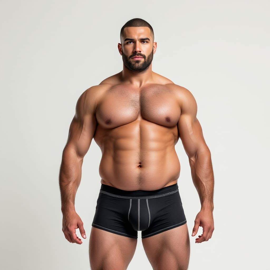 AI generated: male model in boxer shorts with big bulge in pants