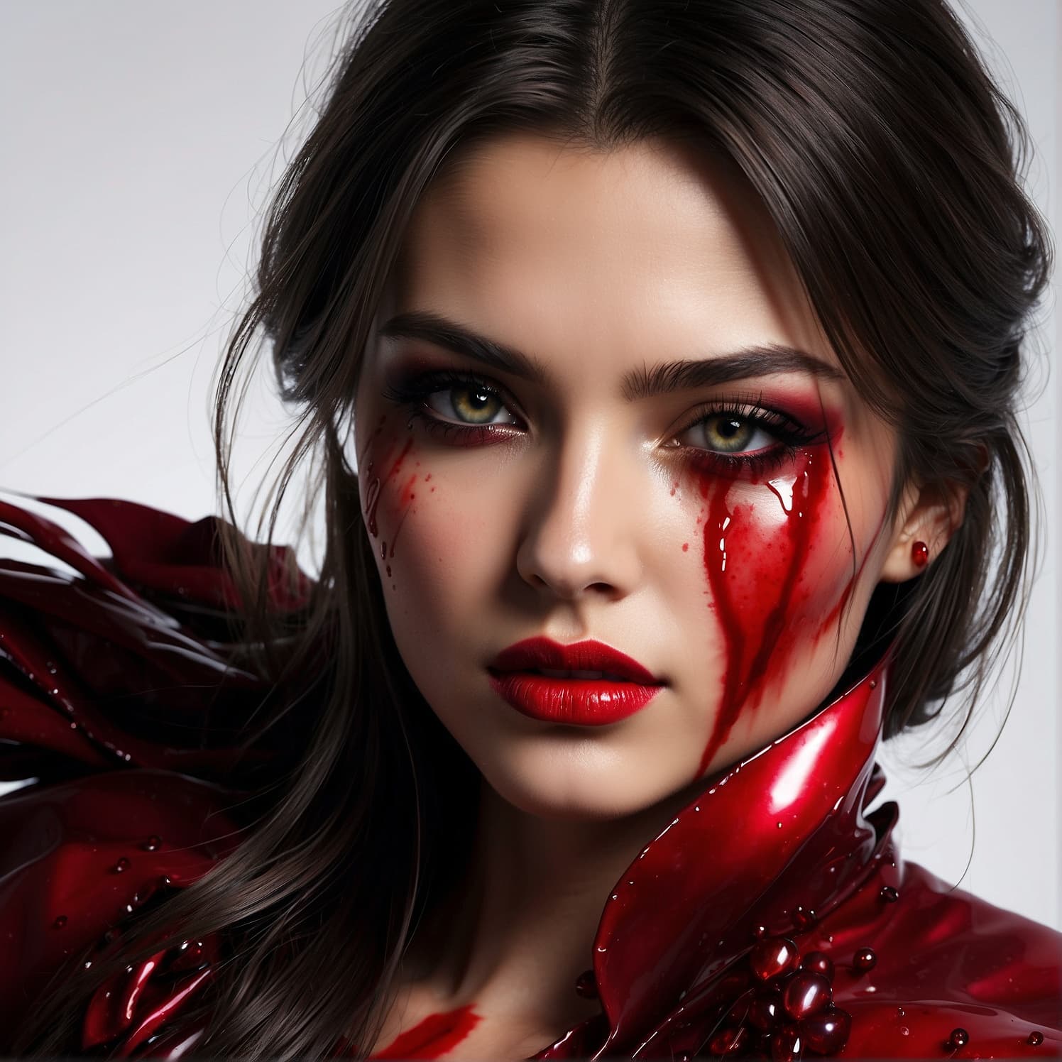 AI generated: blood drops on a woman's face, killer, shiny eyes, elegant, lovely, dark, dramatic light, in the sty...