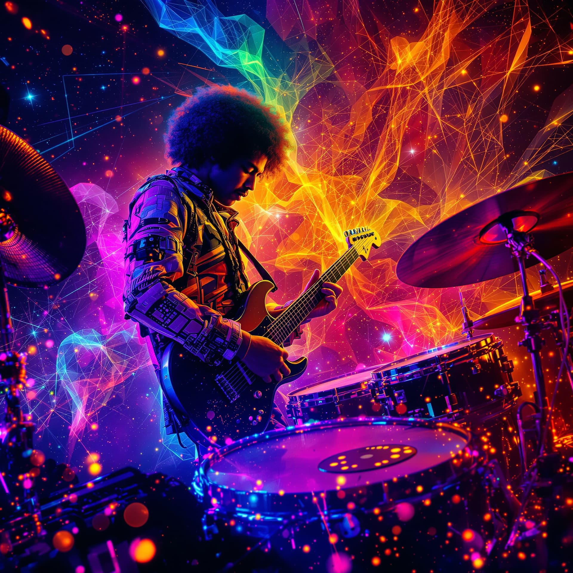 AI generated:  Jimmy Hendrix and a famous drummer from the 60's, cybernetic musician creating hypnotic tunes, ligh...