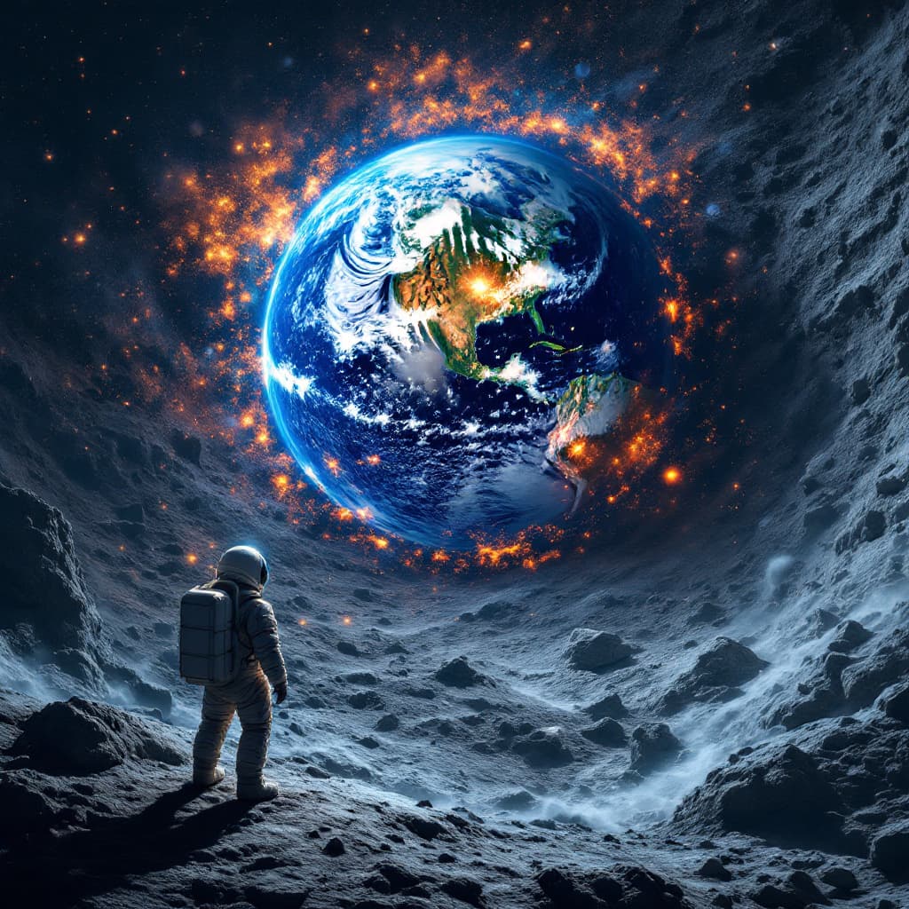 AI generated: Man with spacesuit on the moon, looking at the Earth, Earth explodes beautifully, top angle