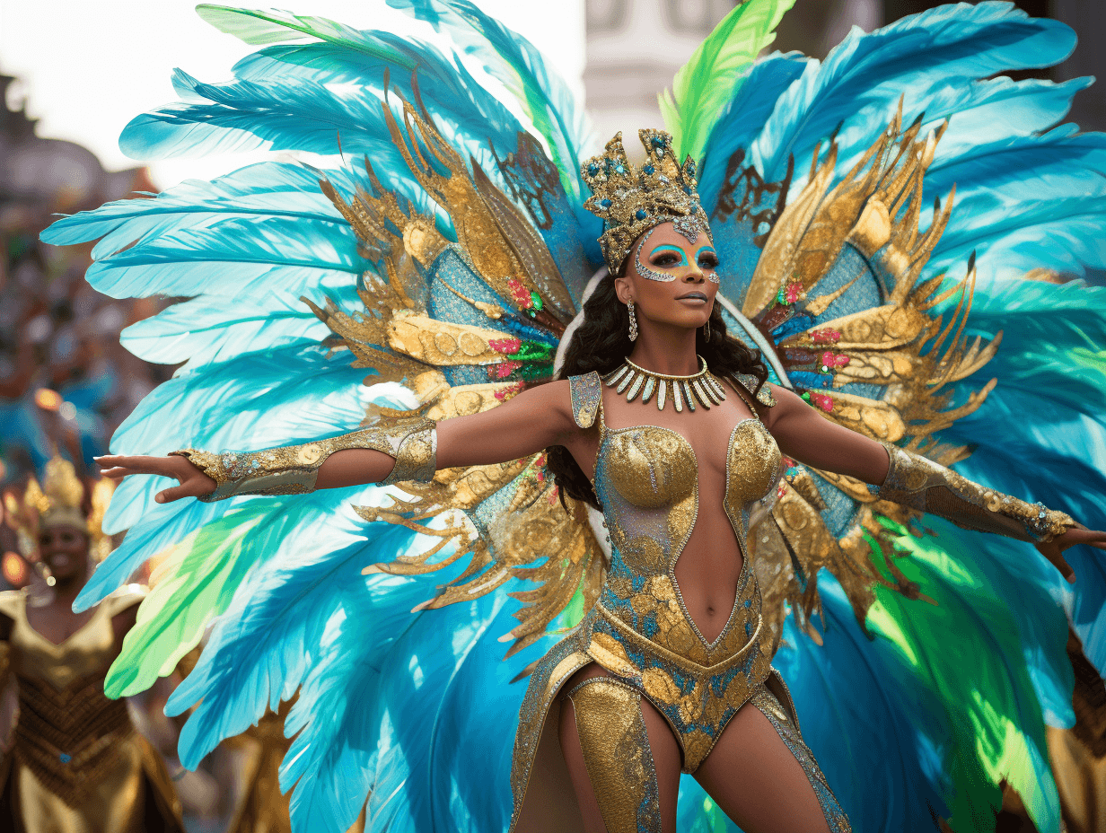 AI generated: rio's carnival costume, full body figure, dynamic pose, parade in background --ar 4:3 --q 2 --v 5.2