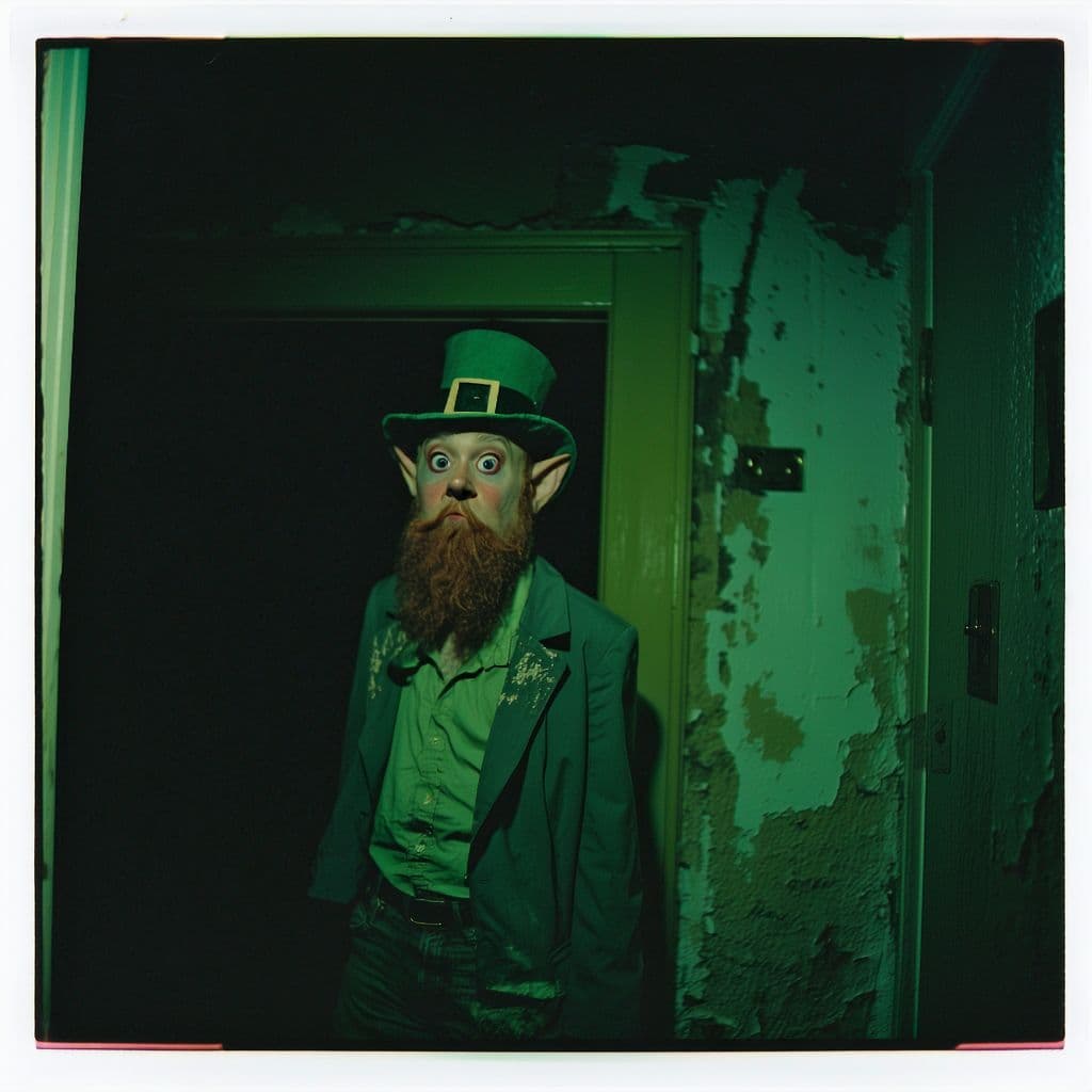 AI generated: grainy 80's photograph quality polaroid of a leprechaun caught in an abandoned house, dark, uncanny,...