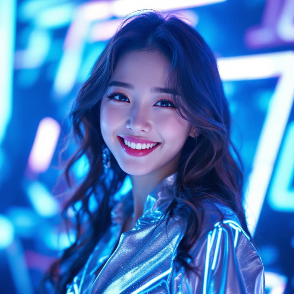 AI generated: A cheerful K-pop idol named Lina with wavy brown hair, dressed in a silver outfit with blue neon det...