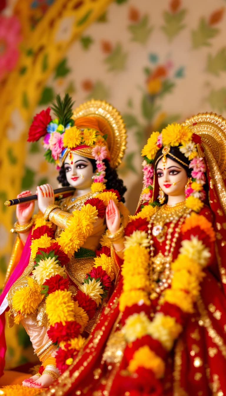 AI generated: The image shows intricate idol representations of Hindu deities, likely Krishna and Radha, adorned w...