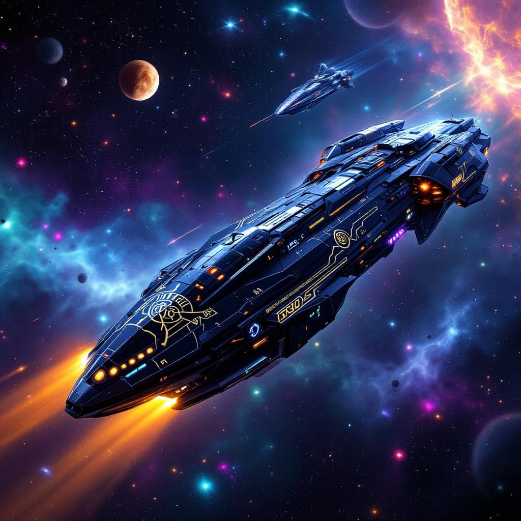 AI generated: Imagine, in detail, an alien spaceship to show a new design. An alien shuttle. Show it in deep space...
