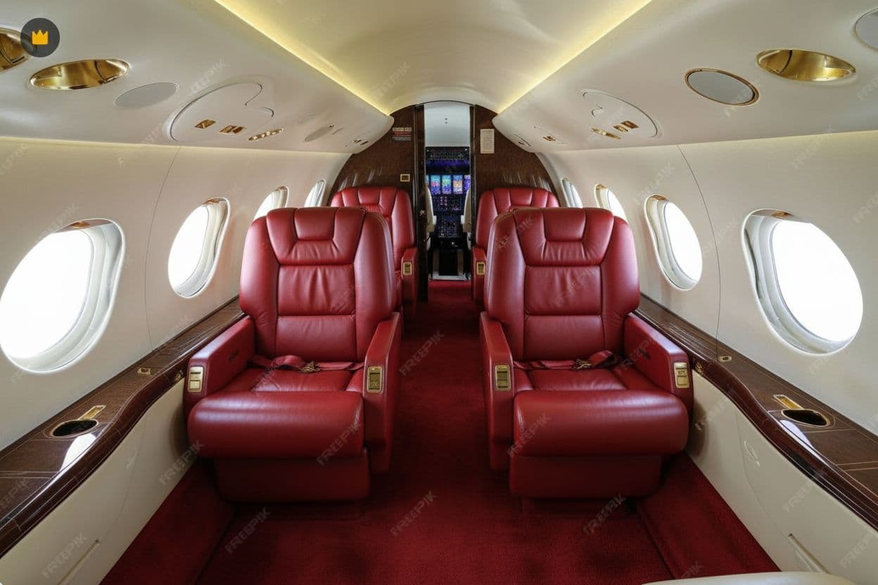 AI generated: red interior of a luxurios private jet with red leather interior 