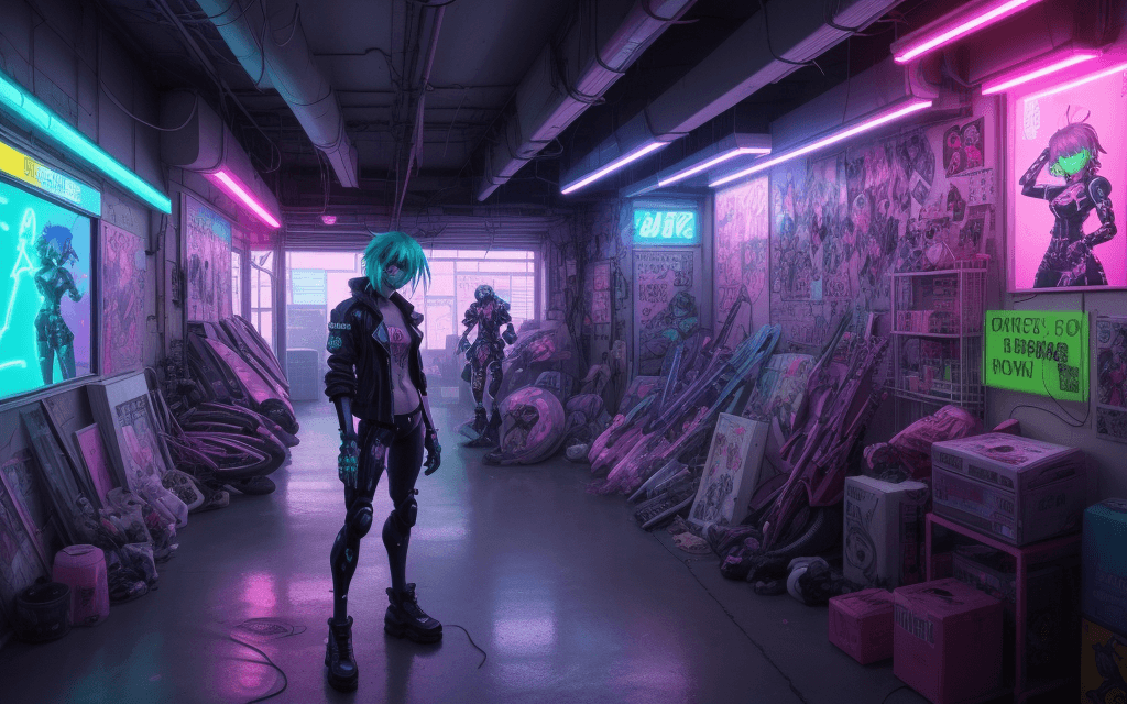 AI generated: nvinkpunk, empty garage, anime posters and figurines on shelves, neon lights, cyberpunk 