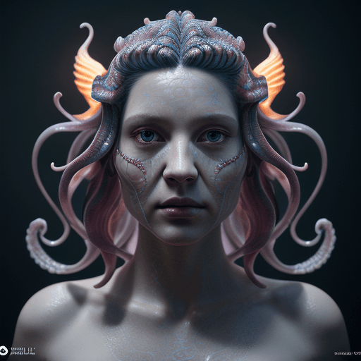 AI generated: Goddess close-up portrait ribcagel. jellyfish phoenix head, nautilus, orchid, skull, betta fish, bio...
