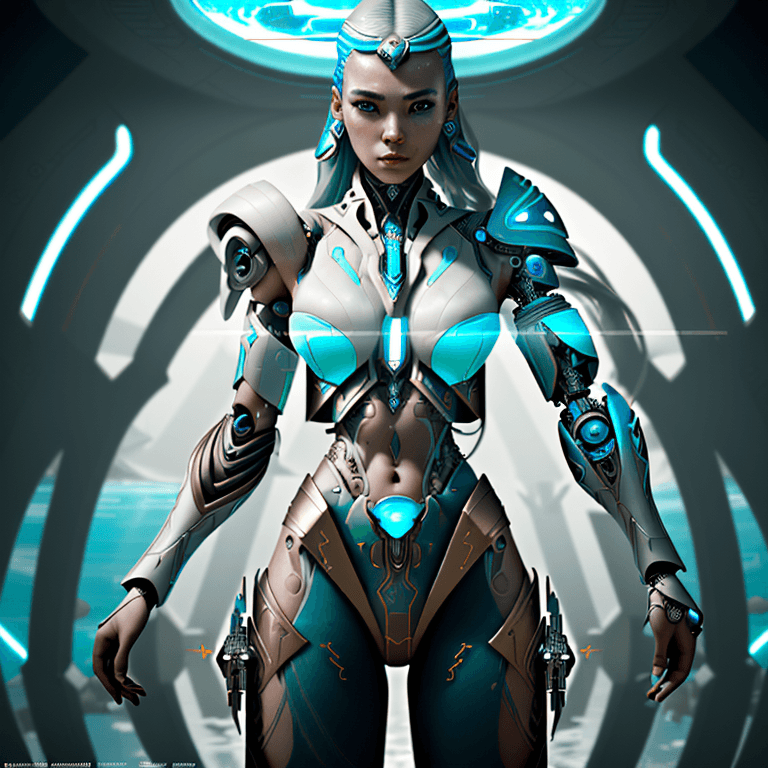 AI generated: A hyper stylistic portrait of a female warrior in atlantis, futuristic designed beautiful cyborg in ...