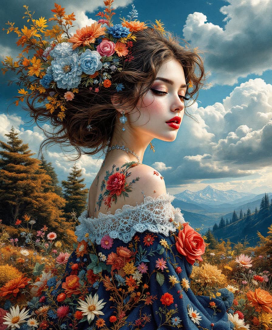 AI generated: Unusual design: a beautiful lady made with detailed embroidery: cross stitch, satin stitch, French k...