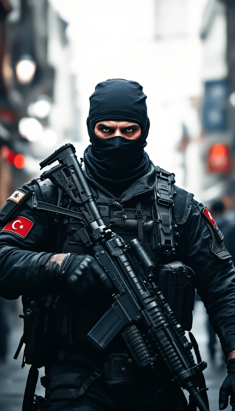 AI generated: /imagine prompt: A fierce, modern Turkish soldier dressed in advanced military tactical gear, with c...