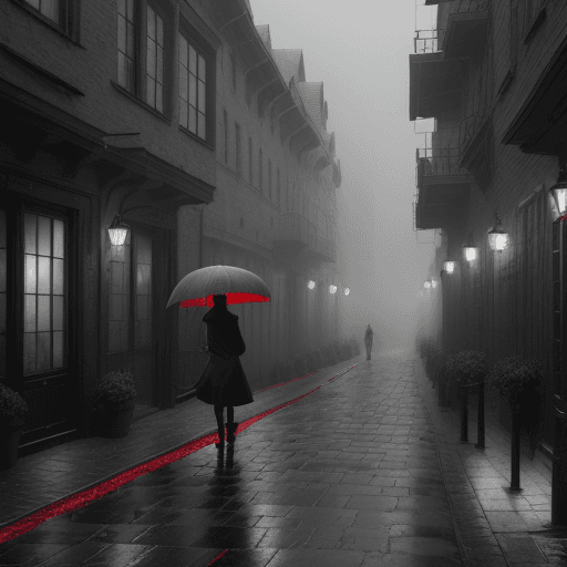 AI generated: In a fog-drenched cityscape, an old, cobblestone street lined with aged, gray buildings stretches in...