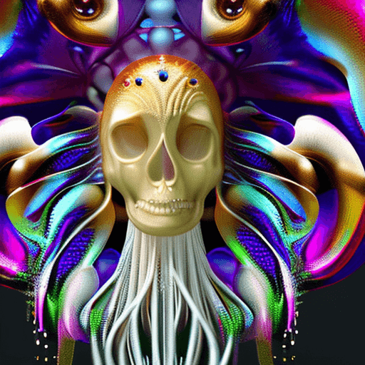 AI generated: Goddess close-up portrait ribcagel. jellyfish phoenix head, nautilus, orchid, skull, betta fish, bio...