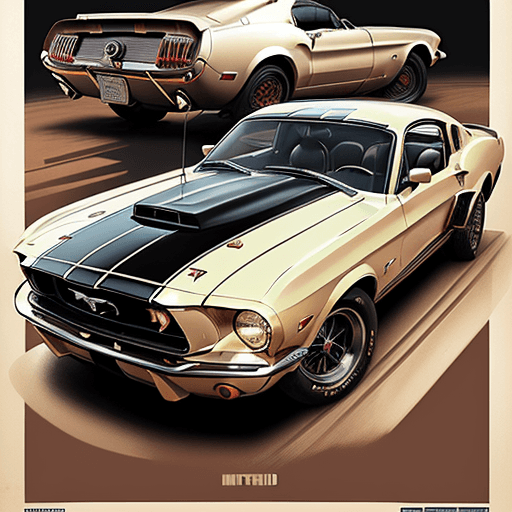 AI generated: highly detailed infographic of retrofuturism old-mustang style cars and icardi is sitting on the hoo...