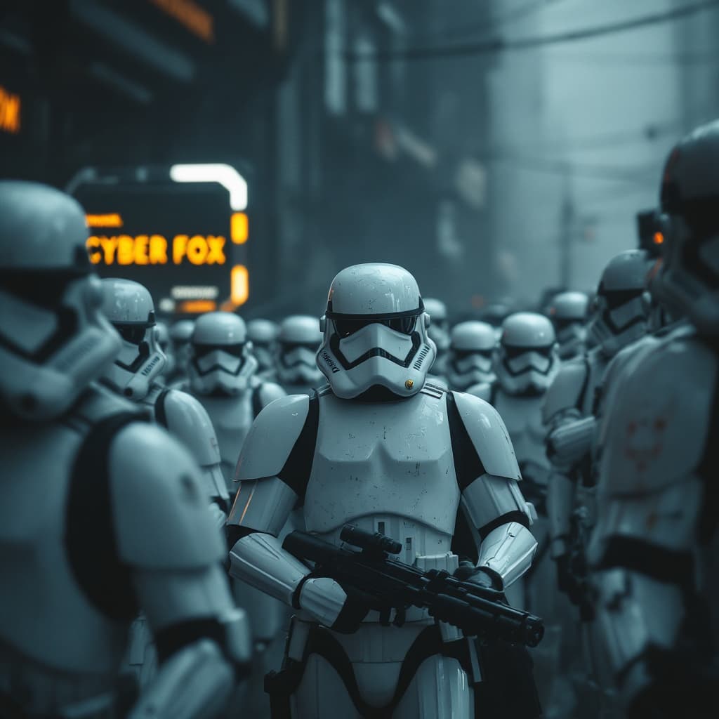 AI generated: An army of storm troopers marching, muted colors, photorealistic, cinematic, cinematic lighting, DSL...