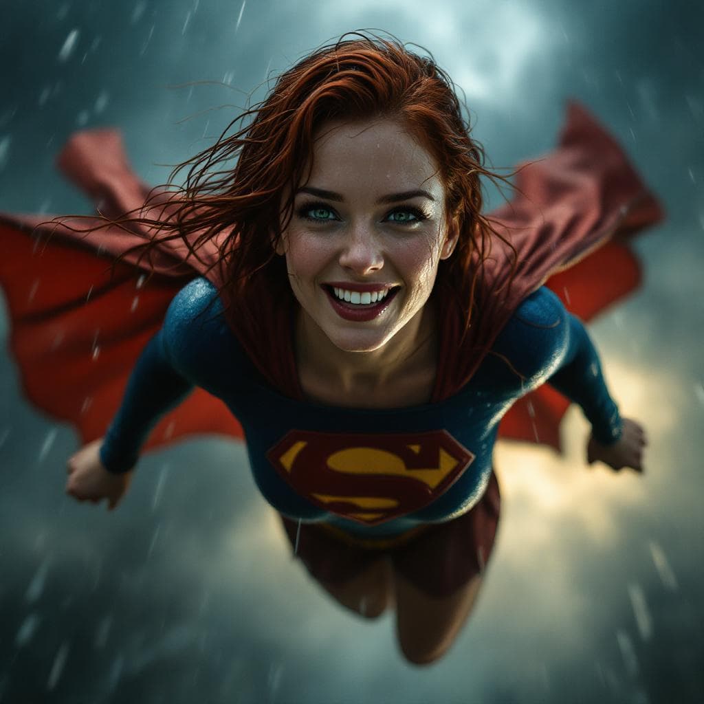 AI generated: Laura lynn flying through heavy rain, realistic lighting and atmosphere, wet hair clinging to her fa...