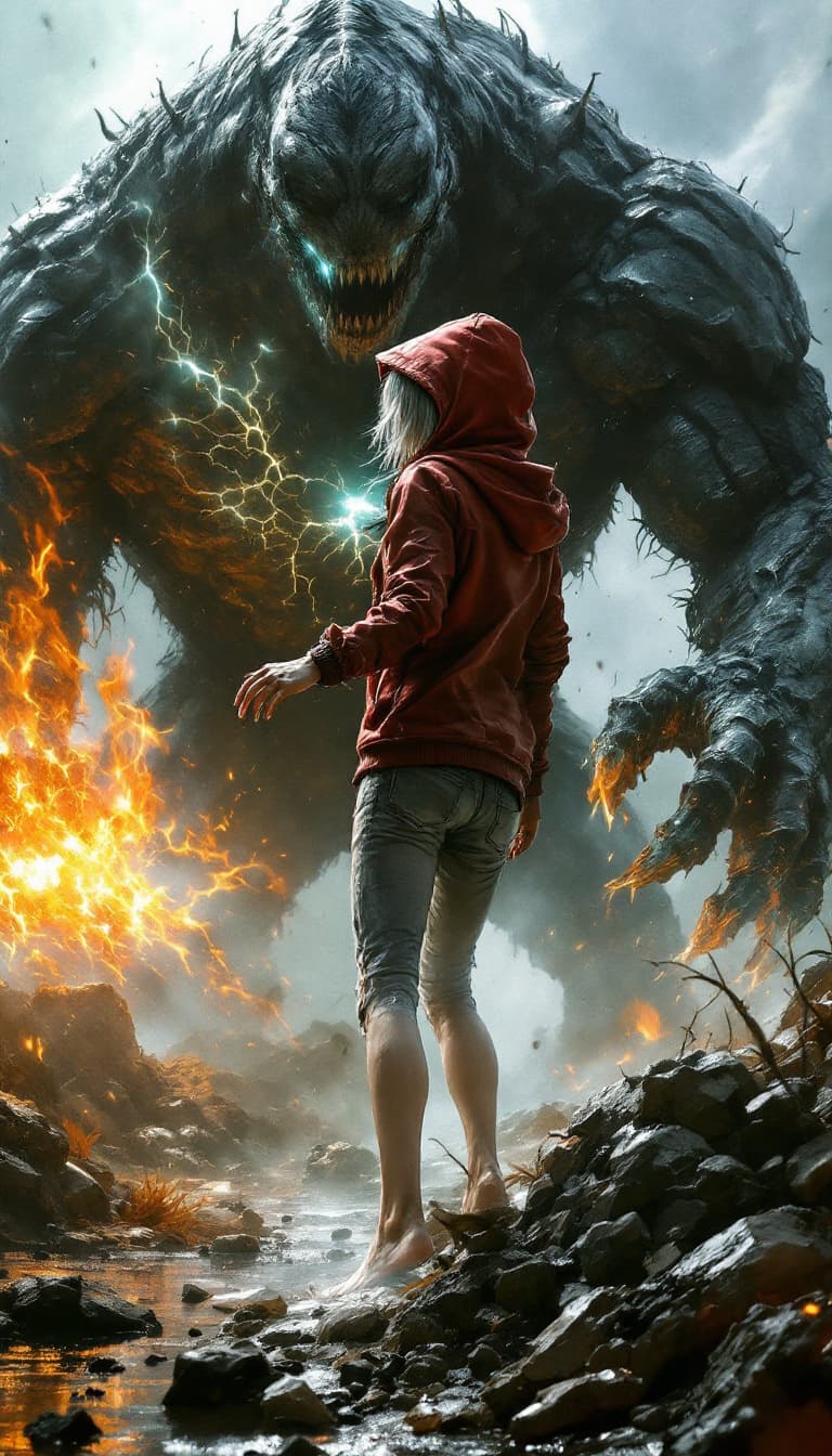 AI generated: A Girl Shining silver short hair peeking from under a stylish hooded red jacket, short jeans, barefo...