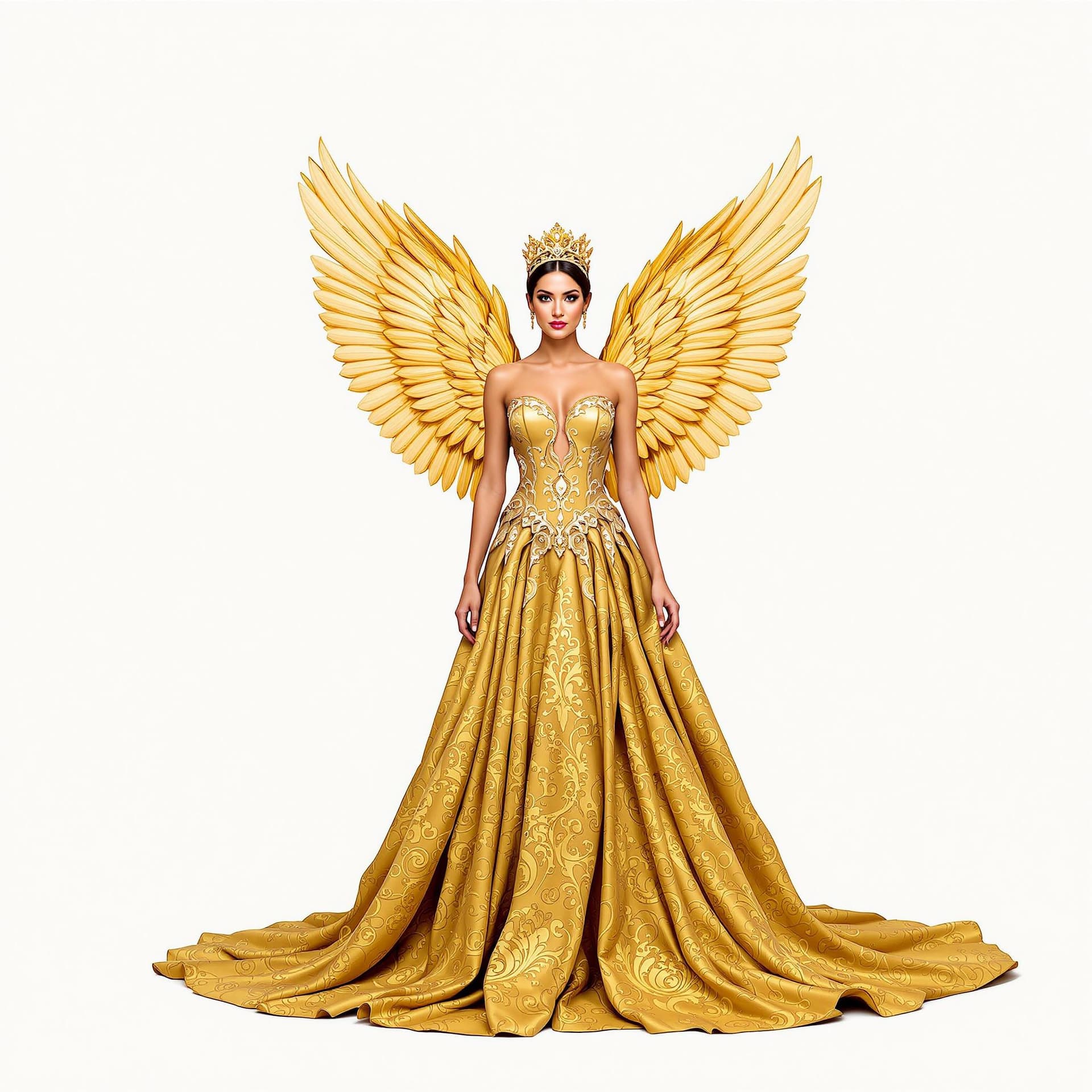 AI generated: A woman adorned in a golden, intricately designed gown that cascades down to the ground. She is also...