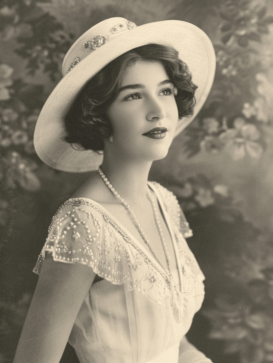 AI generated: vintage photo of an elegant woman wearing a white dress with embellished shoulders, short hair and a...