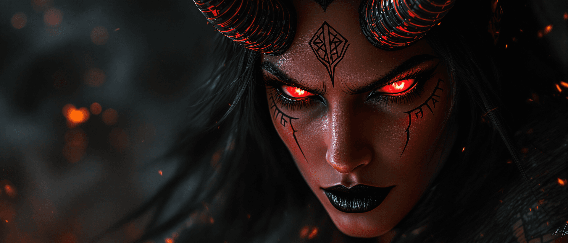 AI generated: A female red demon in a dramatic portrait. Sharp features with glowing red eyes and black lips, star...