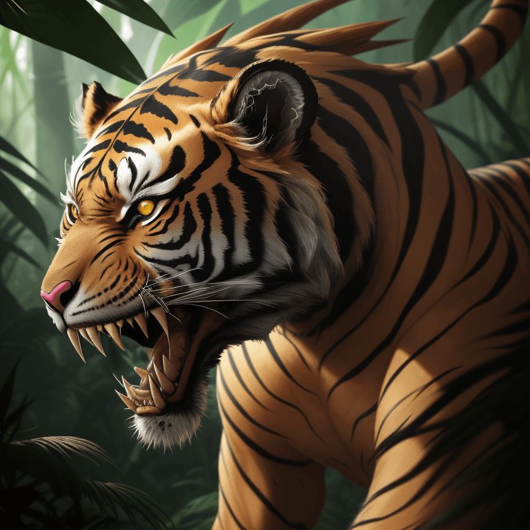 AI generated: detailed image of an alien animal:: looks like a saber-toothed tiger ::sharp teeth :: powerful nape:...